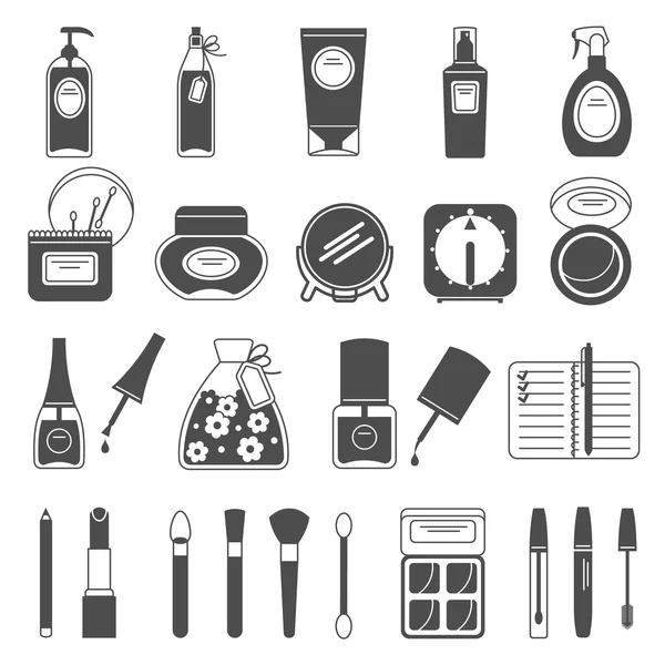 Maquillaje accesorios de belleza negro iconos conjunto — Vector de stock