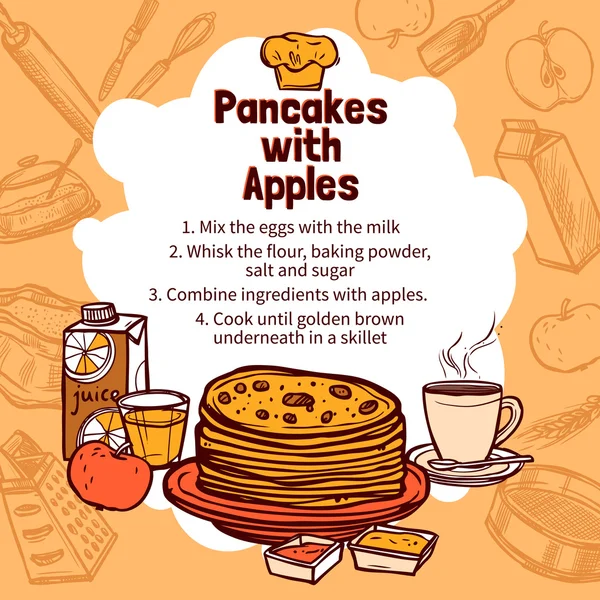 Sketch Of Apple Pancakes Recipe — Stock Vector