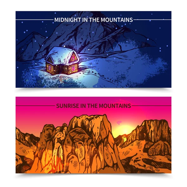 Mountains Midnight And Sunrise Banners — Stock Vector