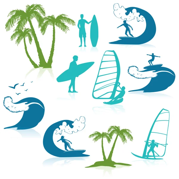 Iconos de surf con la gente — Vector de stock