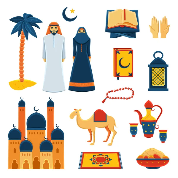 Islam religione piatto icone impostato — Vettoriale Stock