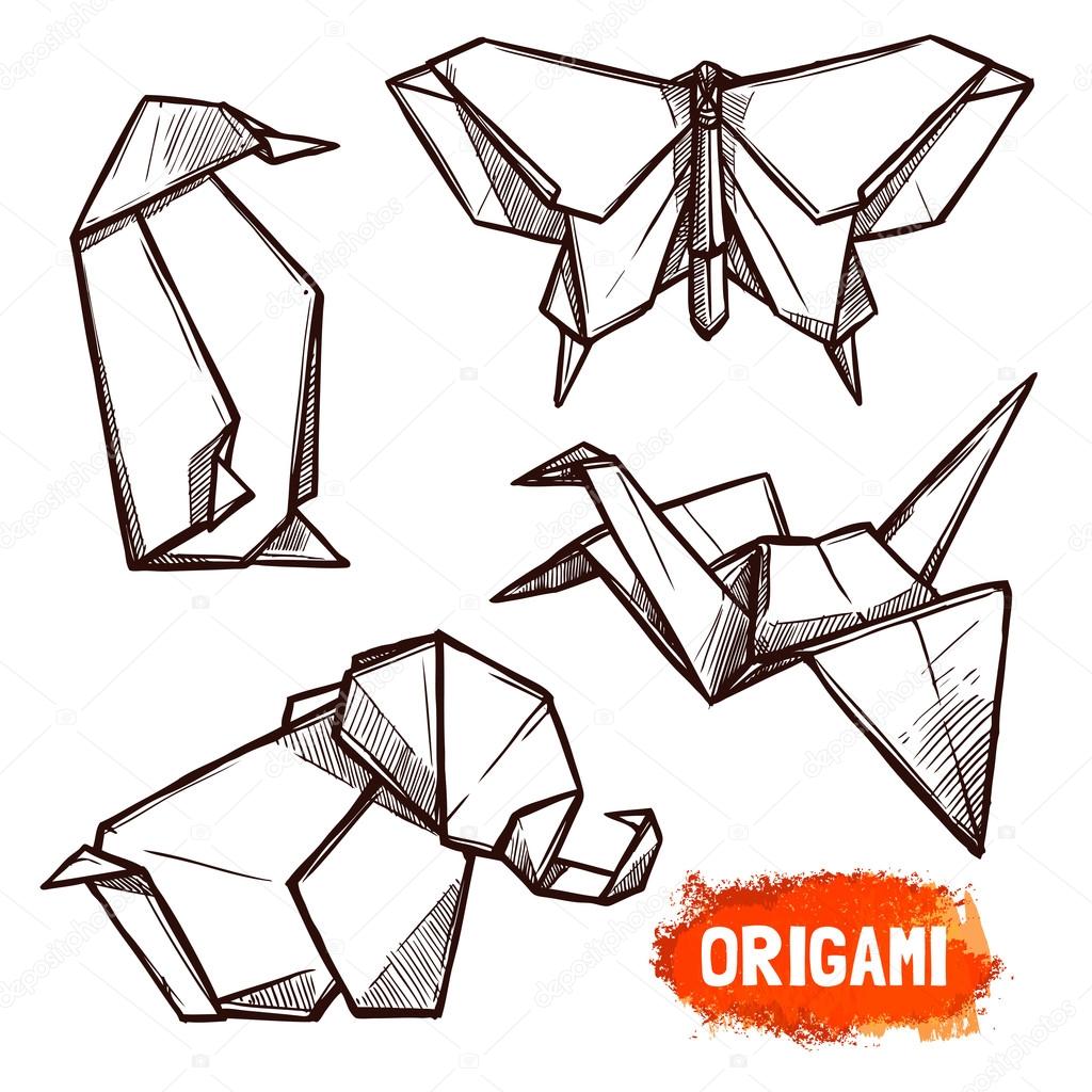 Hand Drawn Origami Figures Set