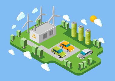 Elektrikli Araba şarj istasyonu izometrik afiş