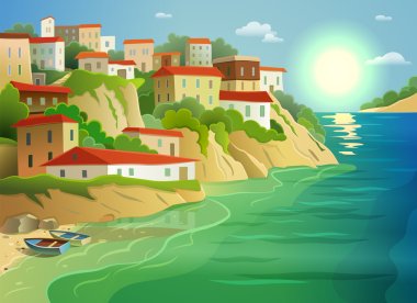 Coastal sea village living colorful poster clipart