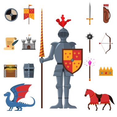Ortaçağ Krallık Şövalyeleri düz Icons set