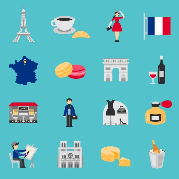 Francia Iconos Set plano — Vector de stock