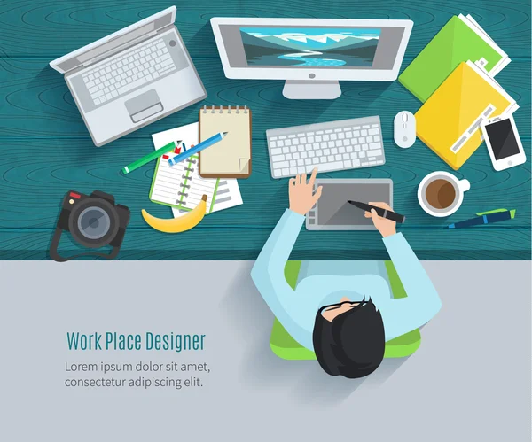 Designer local de trabalho plana — Vetor de Stock