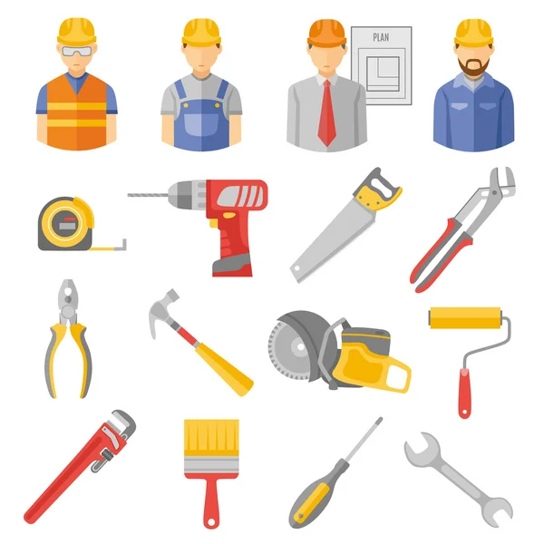Trabajadores de la construcción herramientas iconos planos conjunto — Vector de stock