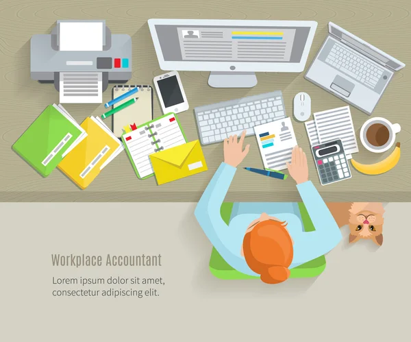 Accounter arbetsplatsen platt — Stock vektor
