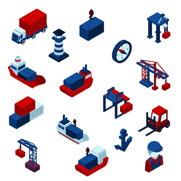 Isometrische kleur Seaport Icons Set — Stockvector