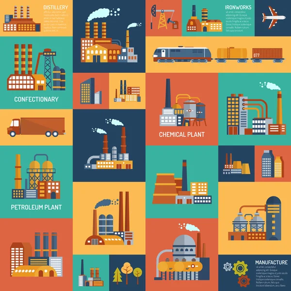 Icons Set With Different Types Of  Industrial Enterprises — Stock Vector