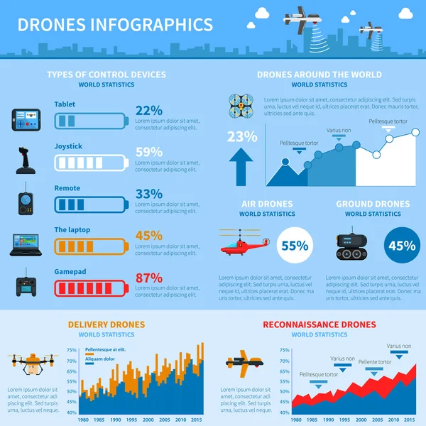 Dronlar uygulamaları Infographic grafik düzeni — Stok Vektör
