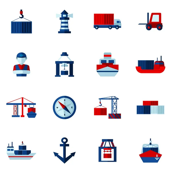 Seaport ploché ikony Set — Stockový vektor