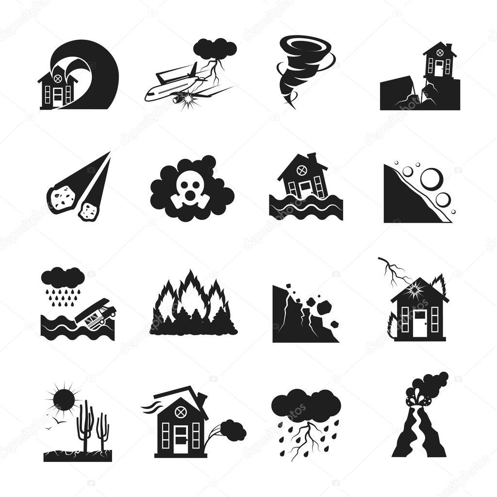 Natural Disasters Monochrome Icons Set