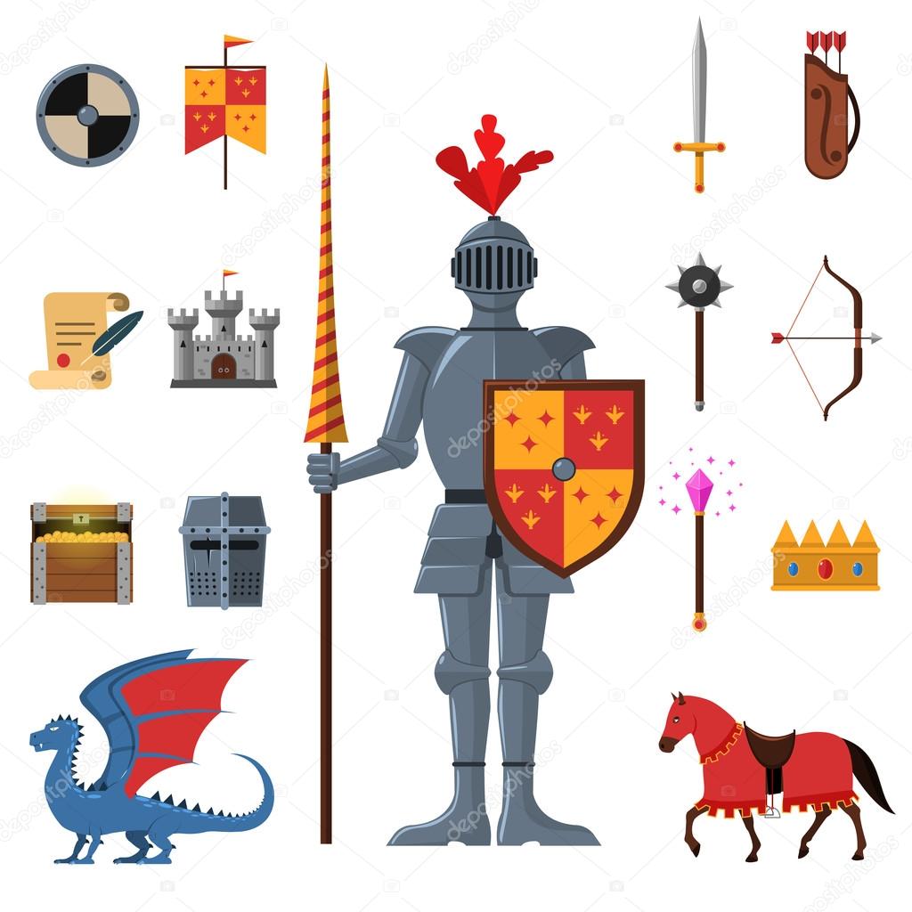 Medieval kingdom knights flat icons set