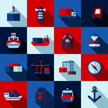 Seaport renk düz gölgeler Icons Set