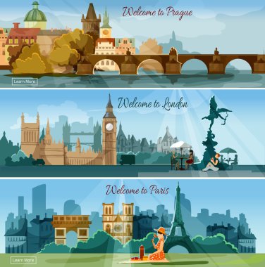Popüler turistik şehirler düz afiş kümesi