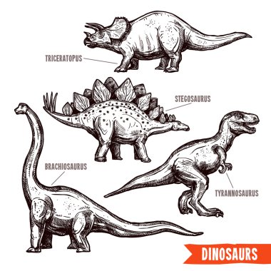 Elle çizilmiş dinozorlar siyah doodle ayarla
