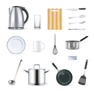 Gerçekçi mutfak mutfak eşyaları Icons Set