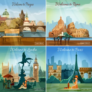 Touristic cities 4 flat icons composition clipart
