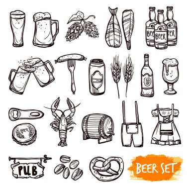 Beer black doodle icons set clipart