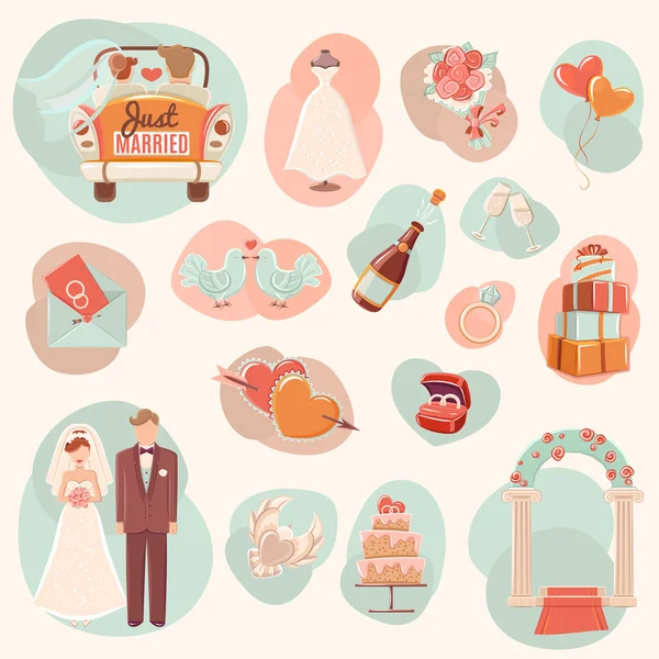 Conjunto de iconos planos concepto de boda — Vector de stock