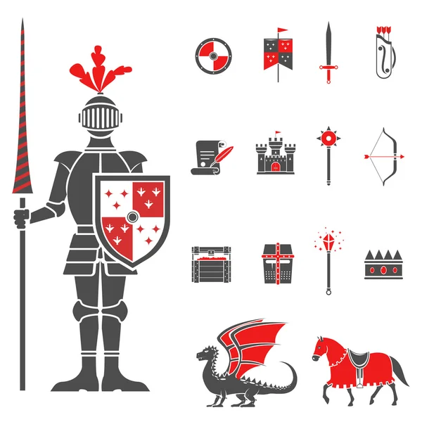 Ortaçağ Şövalyeleri siyah kırmızı Icons set — Stok Vektör