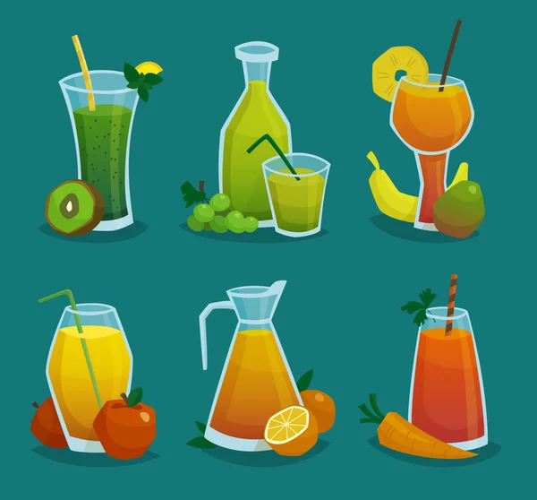 Conjunto de iconos de zumo y frutas frescas — Vector de stock