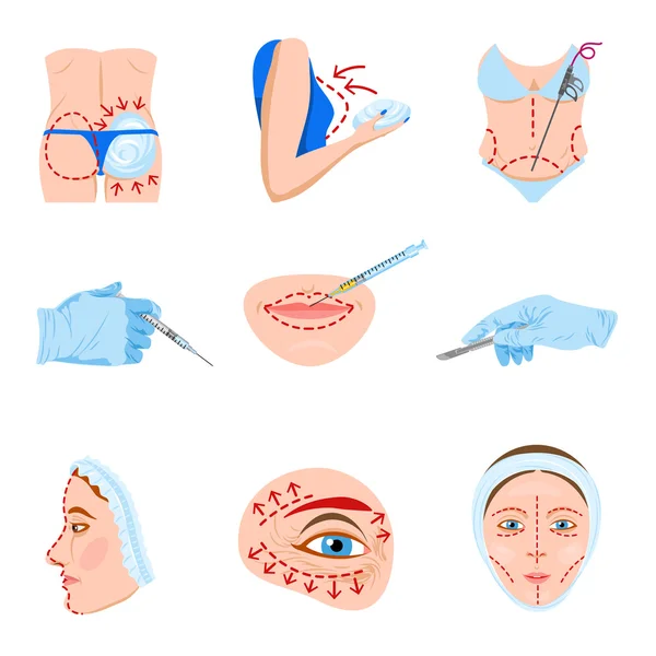 Conjunto de iconos planos de cirugía plástica — Vector de stock