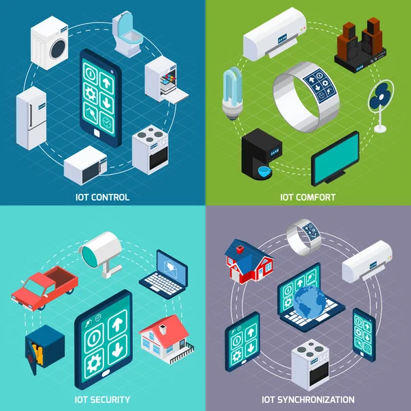 Iot 4 ícones isométricos banner quadrado — Vetor de Stock