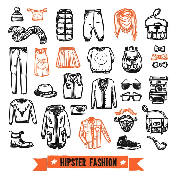 Moda roupas hipster doodle ícones conjunto — Vetor de Stock