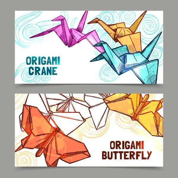 Origami borboletas e guindastes banners set — Vetor de Stock