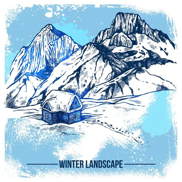 Vázlat a ház télen-hegység — Stock Vector