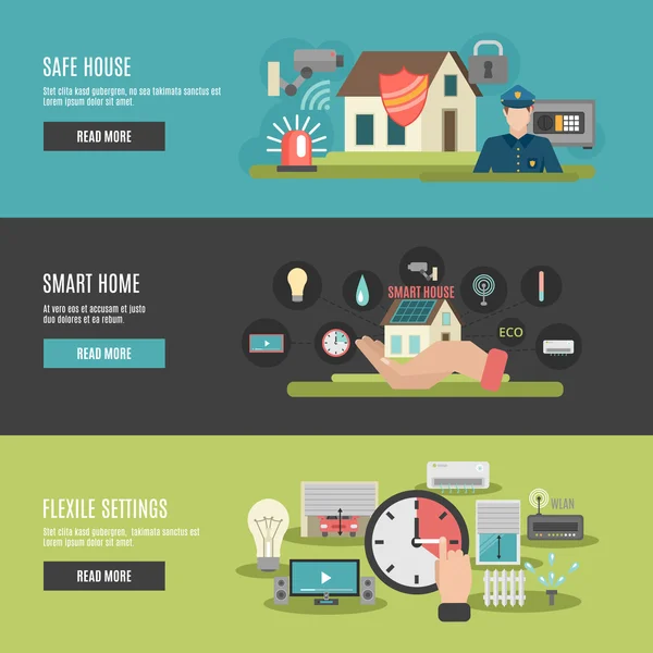 Smart home 3 banners interactivos planos — Vector de stock