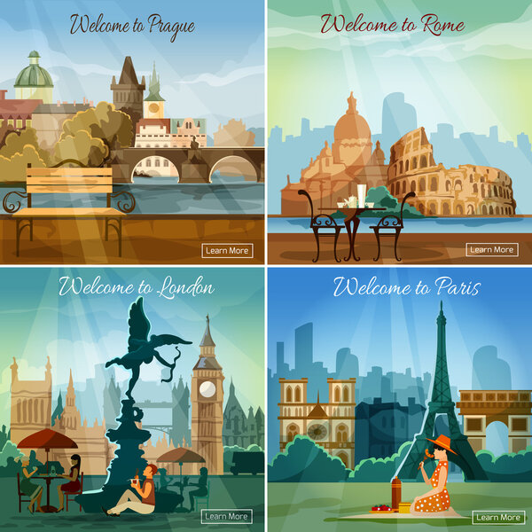 Touristic cities 4 flat icons composition