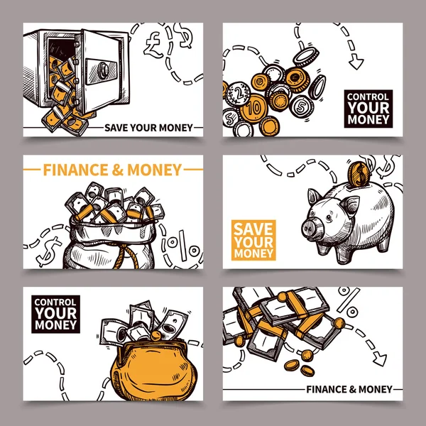 Cartões financeiros de negócios composição pictogramas doodle — Vetor de Stock