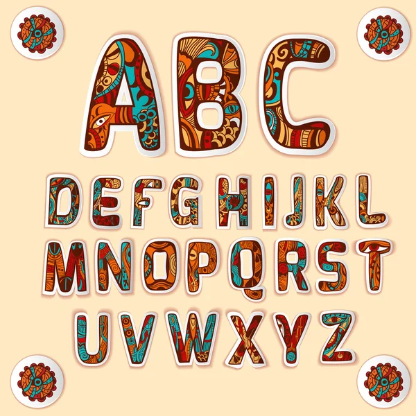 Zentangle alphabet colored letters stickers set — Stock Vector