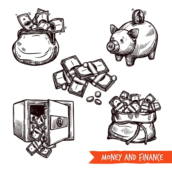 Hand drawn finance symbols set doodle — Stock Vector