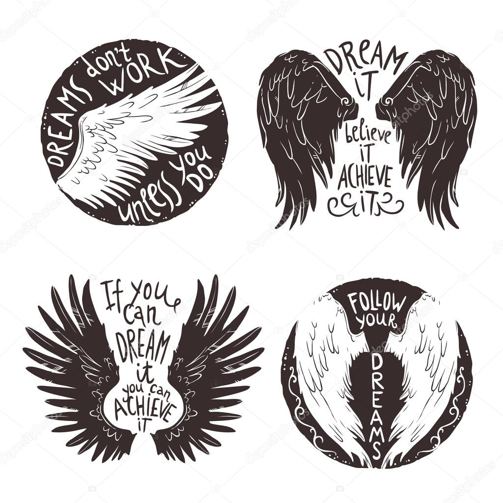 Hand drawn wings label set with motivation text isolated vector illustration