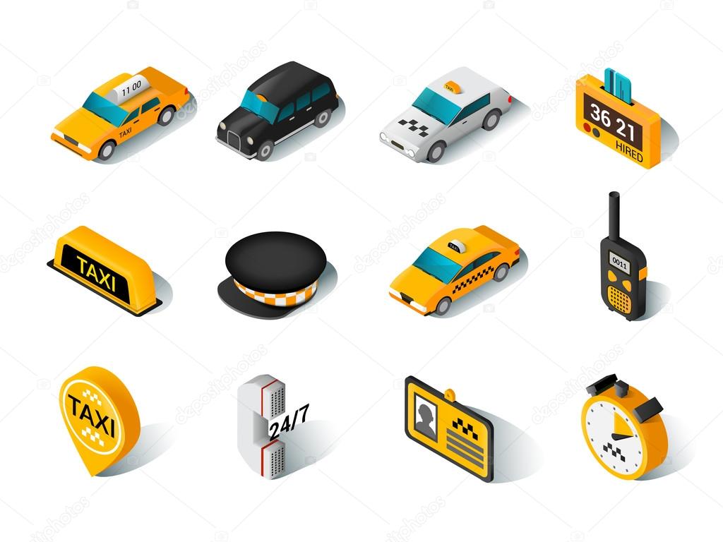 Taxi isometric icons set