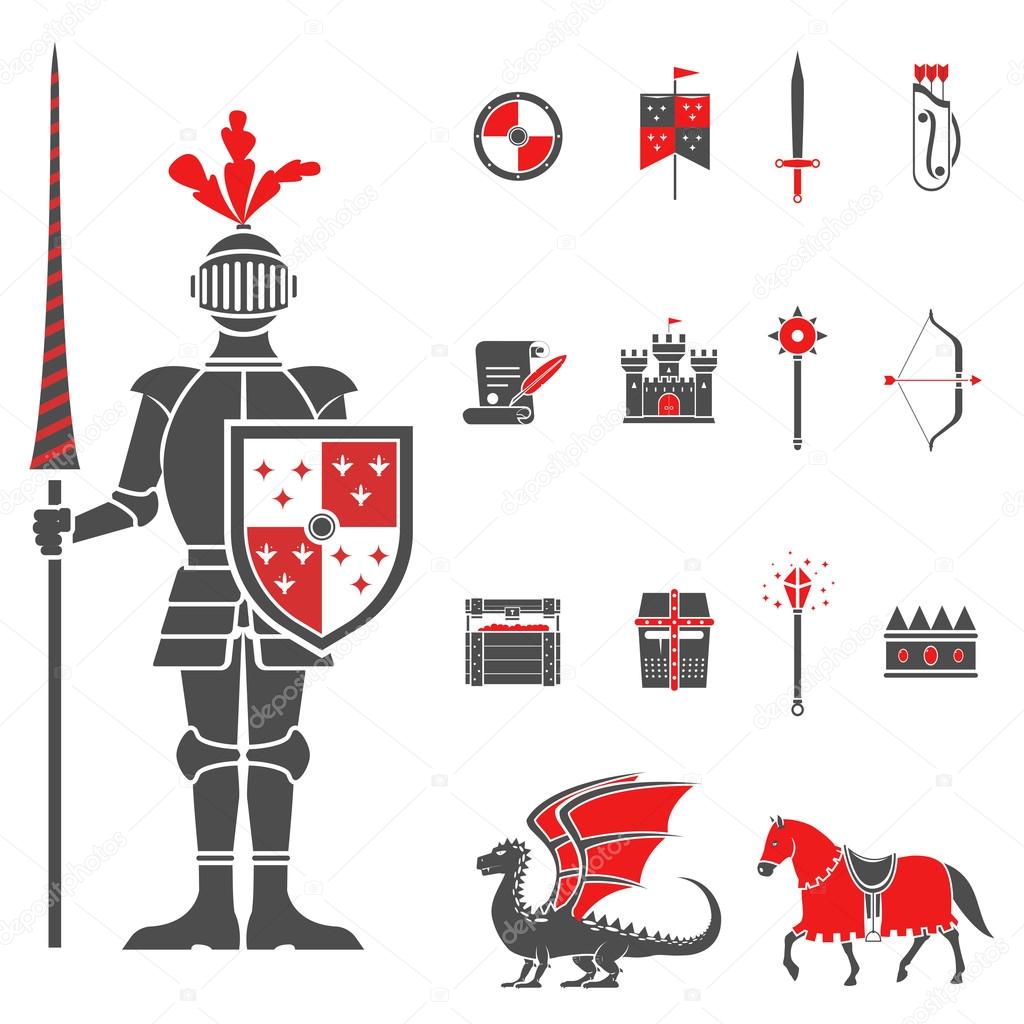 Medieval knights black red icons set