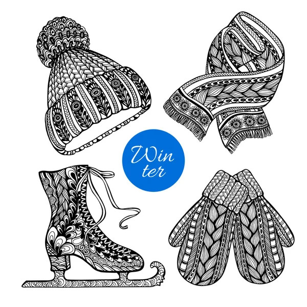 Dekorativa skridskor vantar halsduk doodle ikoner — Stock vektor