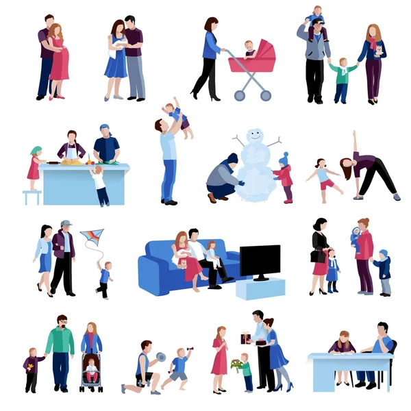 Familia situaciones familiares conjunto de iconos planos — Vector de stock