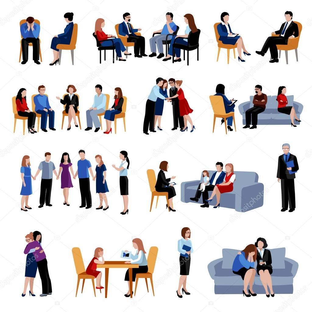 Problematic families counseling flat icons set