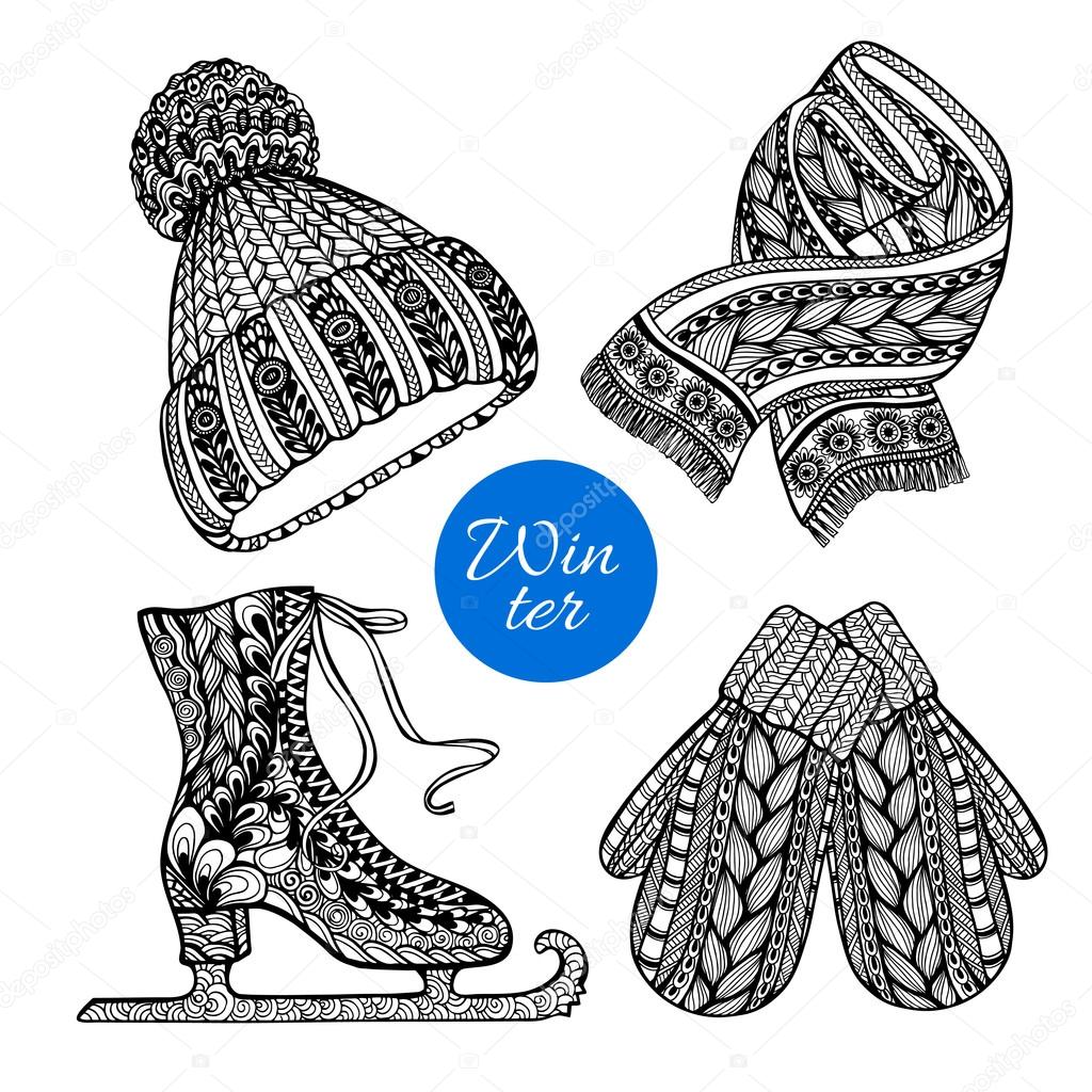 Decorative skates mittens scarf doodle icons