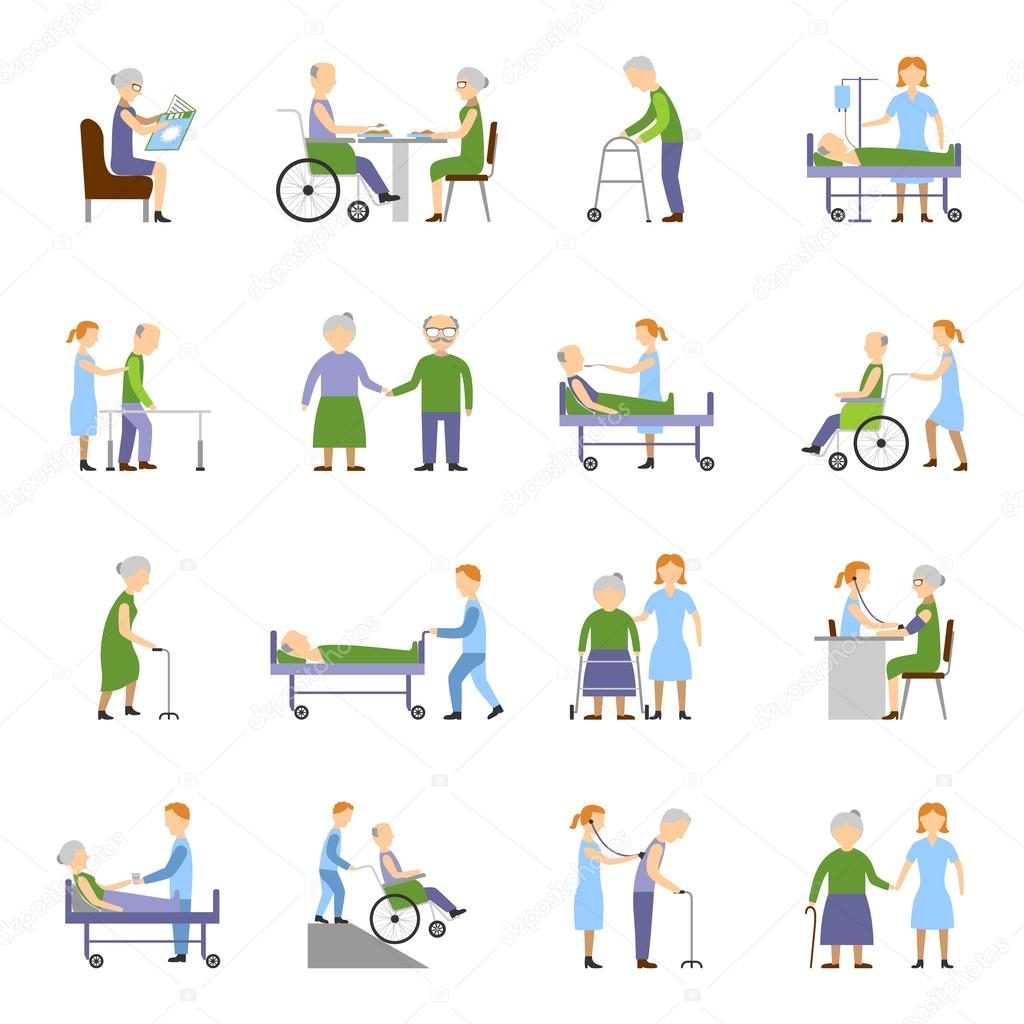 Nursing Elderly People Icons Set