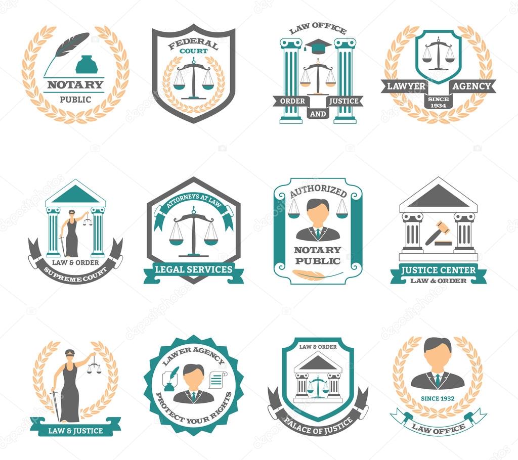 Lawyer logo set with legal services court and justice symbols flat isolated vector illustration