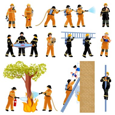 İtfaiyeci insanlar düz renk Icons Set