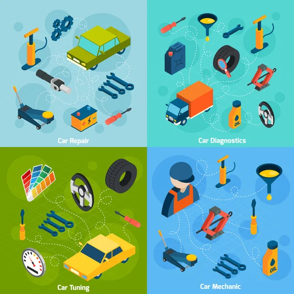 Reparación de coches y sintonización iconos isométricos — Vector de stock