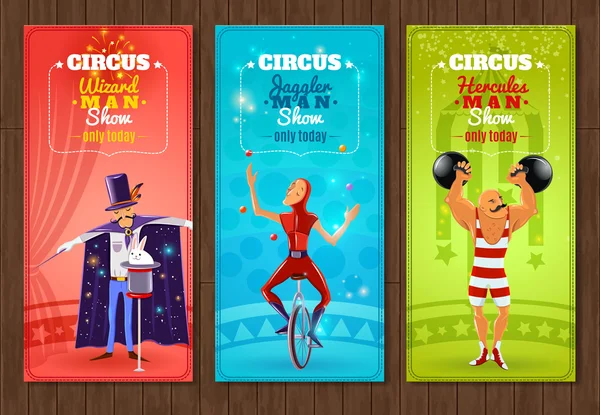 Circo itinerante mostrar pancartas planas conjunto — Vector de stock